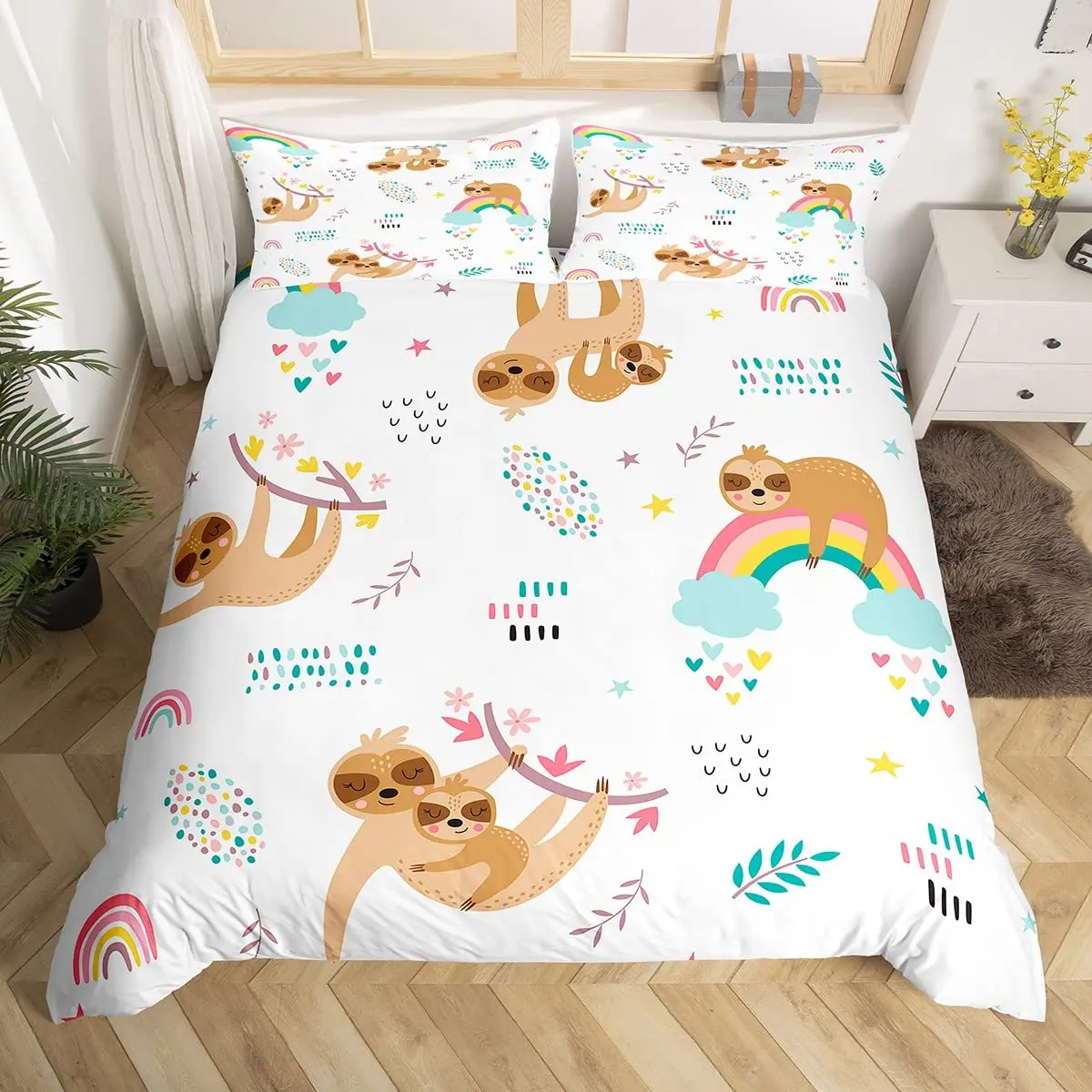 

Cartoon Animal Rainbow Duvet Cover Queen Kawaii Elephant Bedding Set Kids Bedroom Decor Quilt Cover Polyester Comforter Cover