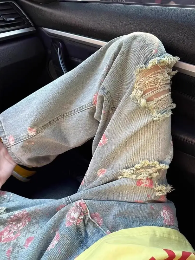 Rose bedrukte jeans met gaten voor dames zomer Amerikaanse vintage trendy high street micro flare broek met rechte pijpen unisex Y2k broek