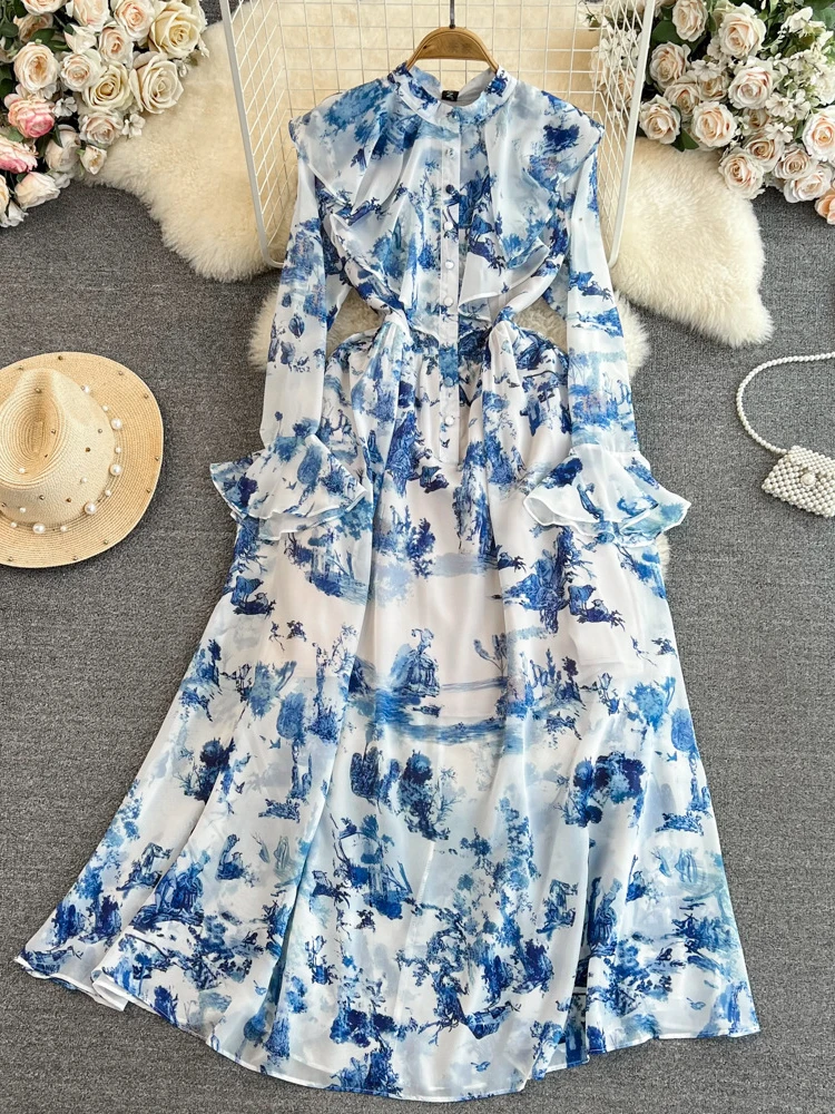 New Women Blue Party Dress Loudspeaked Long Sleeved Standing Collar Ruffled Celadon Printed Dresses Ladies Vintage Long Dress