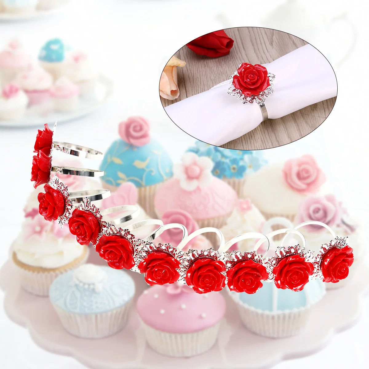 

10Pcs Banquet Napkin Rings Rose Flower Resin Iron 50mm Diameter Red Silver Wedding Dinner Table Decor Napkin Ring