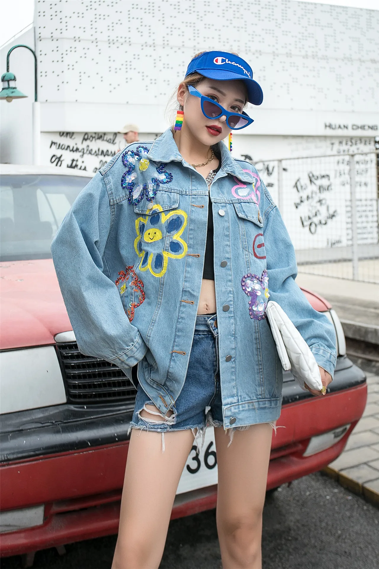 

Jacketspring New Stylewomen's Denim Women's New Personality Hand-Painted Graffiti Flower Fashion Loose Cardigan Denim Coat