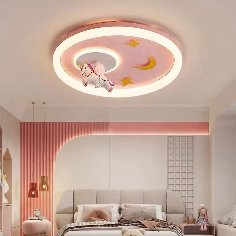 Pink Children\'s Room Ceiling Lights LED Girl Bedroom Light Flying Unicorn In The Air Modern Creative Princess Room Ceiling Lamps