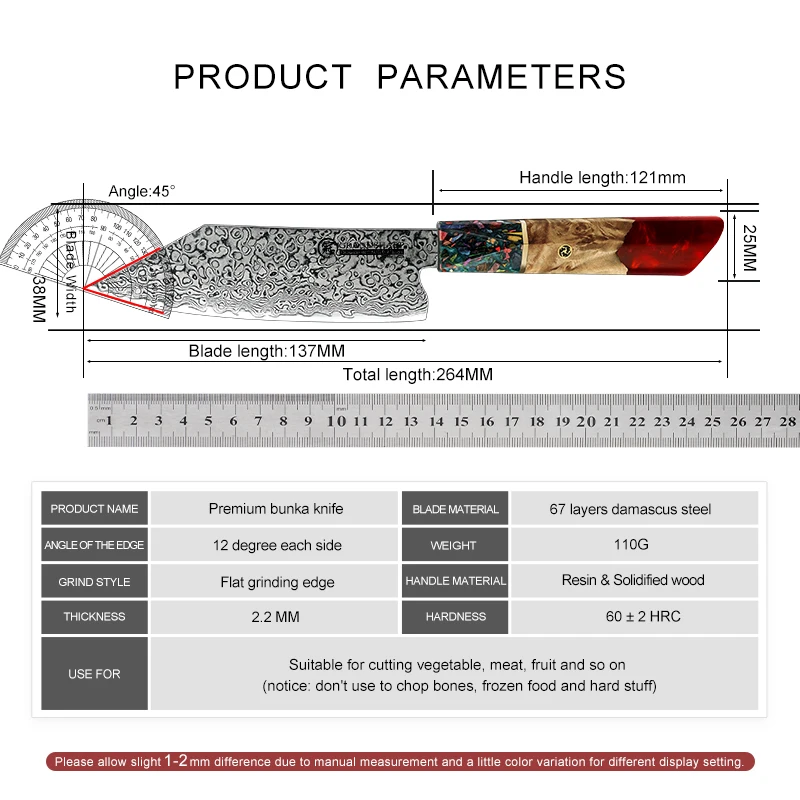 Grandsharp 5,5 Zoll japanisches Bunka-Küchenmesser 67-lagiges Kochmesser aus Damaststahl Obst Fleisch Gemüseschneider Kochutensilien