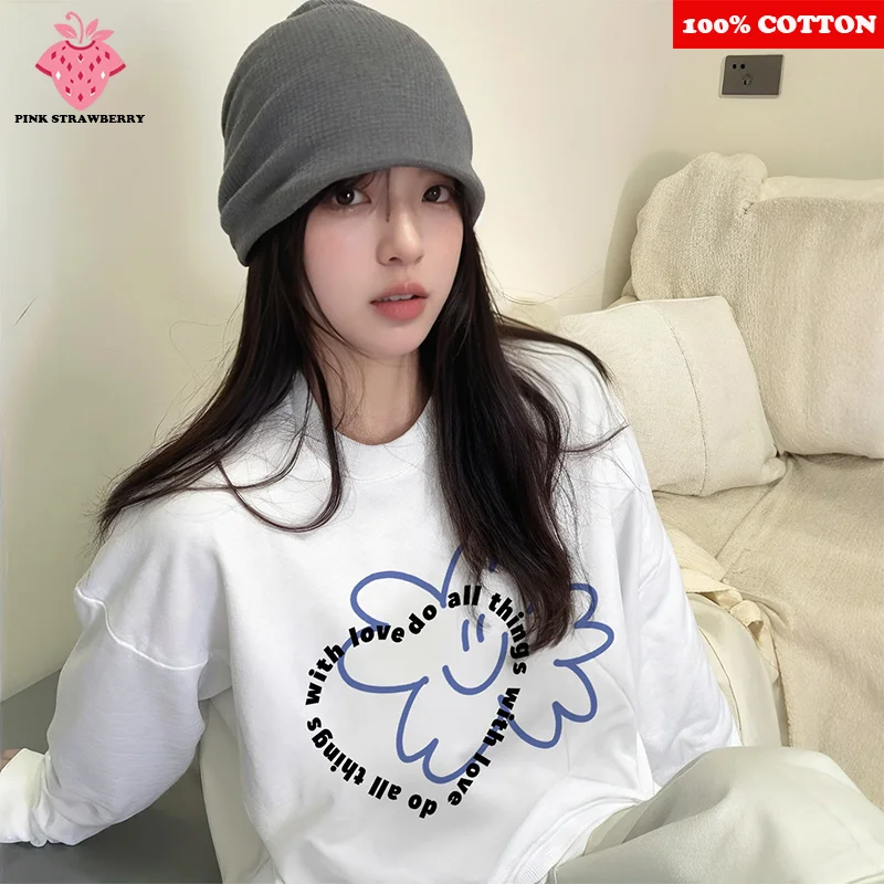 

American Love Letter Print T-shirt Women Autumn 2025 New 100% Cotton Oversize White Long sleeved T-shirt Y2k Top Ladies clothing