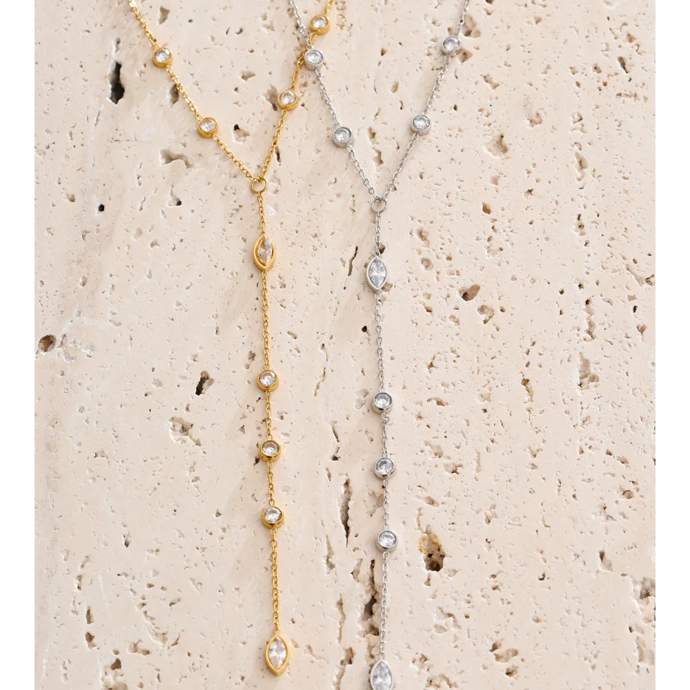 Yhpup New Stainless Steel Cubic Zirconia Y Chain Drop Long Necklace That Goes Down The Chest Temperament Summer Jewelry