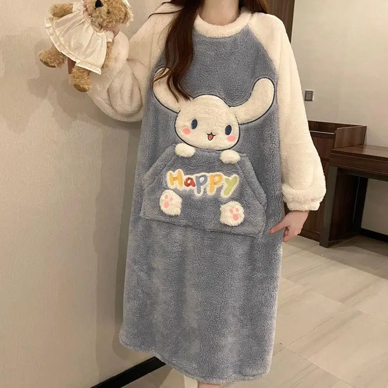 Y2K Cartoon Cinnamoroll Large Size Woman Home Clothes Night Dress Anime Warmth Sweet Loungewear Pajamas Plush Nightgown Gift