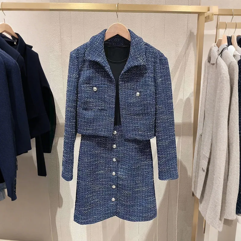 

Two Piece Set Dress for Women 2024 New Autumn Winter Tweed Spliced Turn Down Collar Commuter Long Sleeve Short Robes