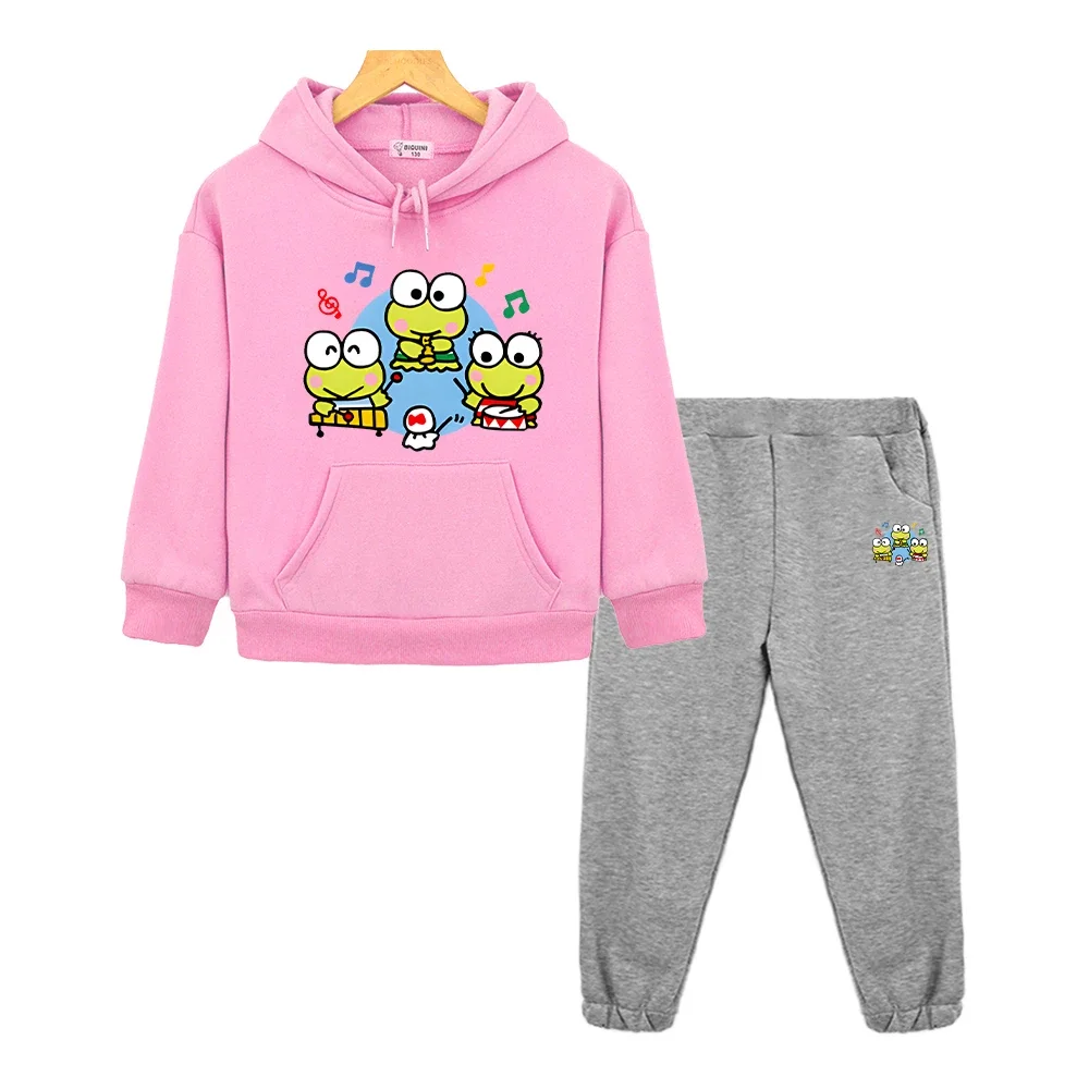 

2pcs keroppi Anime hoodie Fleece sweatshirt boys girls Hooded Spors Sets Jacket Hello Kitty pullover+pants kids boutique clothes