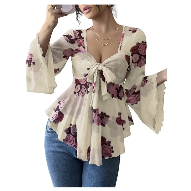 

CYL-Women's Floral Mesh Bell Long Sleeve Tops Bow- Tie Front Sweetheart Neck Ruffle Hem Shirts