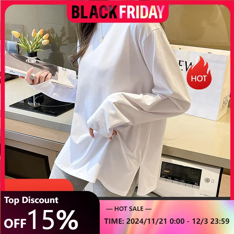 Cotton Long Sleeve T-shirt Cotton Bottom Shirt Women's Inner Hundred Soft Long Sleeve Split Hem Blouse