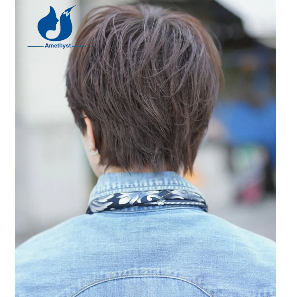 جمشت بني داكن قصير عابث قطع شعر مستعار كامل الدنتلة Boycut الطبقات الشعر البشري البرازيلي ريمي ابيض للرجال مسبقا