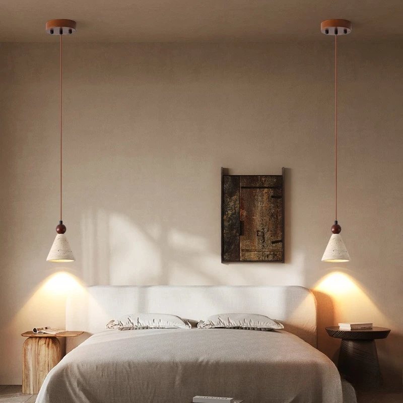 Japanese Vintage Wooden Bead LED Pendant Light Living Room Bedroom Restaurant Study Taper Yellow Travertine Ceiling Hanging Lamp