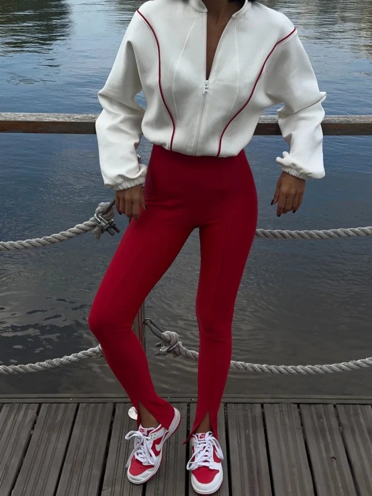 القطب الشمالي القط موضة خريف/شتاء جديد 2025 تمتد ضيق بذلة المرأة سستة طويلة الأكمام بذلة غير رسمية الرياضة في الهواء الطلق السروال القصير