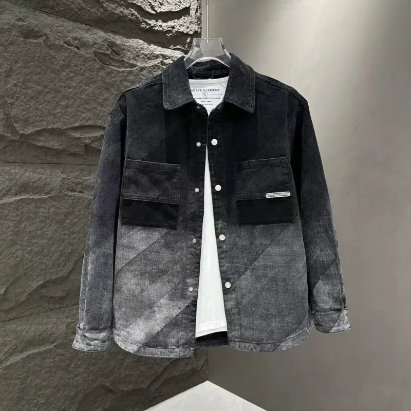 

GIOIOMen's denim jacket，Spring and Autumn High-Quality Turn-Down Collar Gradient Color Loose Casual Denim Jacket，Men's Clothing