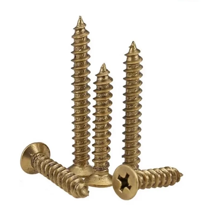 Śruby samogwintujące z łbem stożkowym walcowym, krzyżakowym, płaskim, mosiężne, M3 M3.5 M4 M5 M6, gwint metryczny, do drewna, płyt wiórowych, mebli.