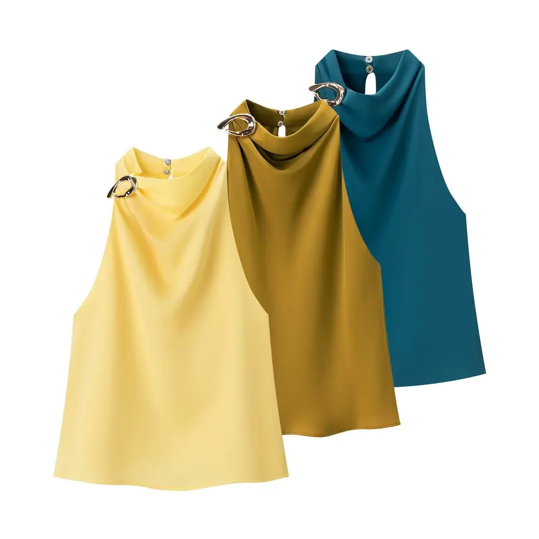 

DSMTRC Women Y2k Clothes Sleeveless High Neck Solid Satin Chic Yellow Tanks Tops for Woman Summer Clothing Elegant Fashion Camis