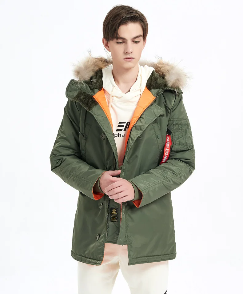 Men's N3B Military Parka Winter Jacket Hooded Thick Warm Cotton Coat Mid-Length Windproof Cold Weather Outdoor Jacket for Men