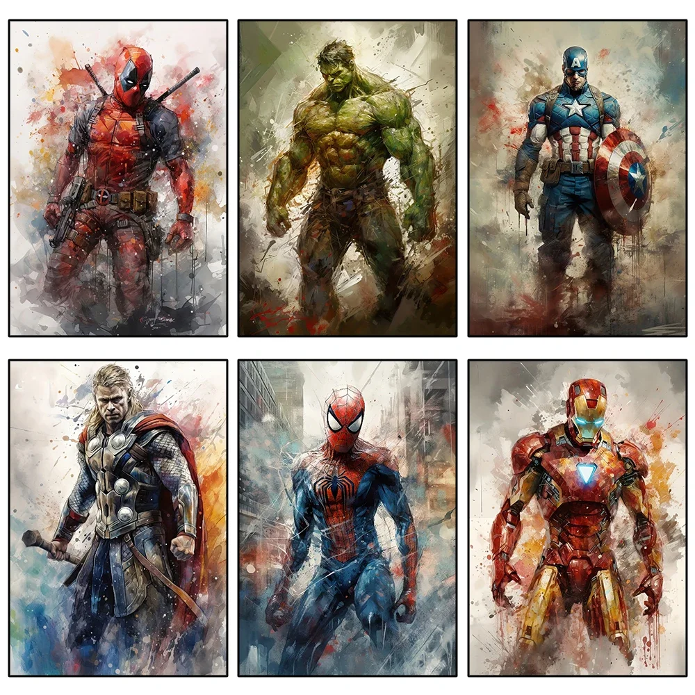 MINISO Marvel Watercolor Superheroes Canvas Painting Hulk Iron Man Spiderman Poster HD Wall Art for Living Room Home Decoration