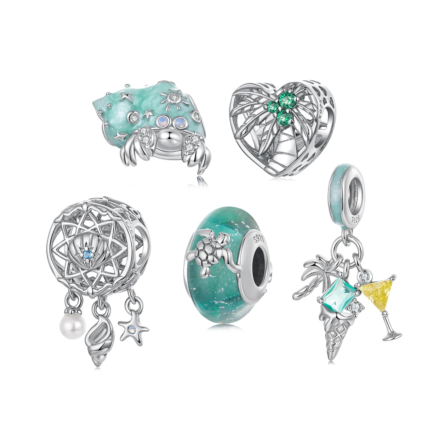 Pulsera de cuentas atrapasueños de tortuga de cangrejo de playa de verano, colgante de copa de vino DIY, dijes de árbol de coco de estrella de mar de caracol de mar de plata 925