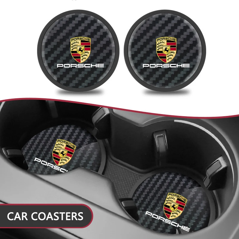 2PC Carbon Fiber Car Water Coaster Cup Pad Non-Slip For Porsche Panamera Macan 718 Taycan 911 Cayman Boxster 9ya 971 Accessories