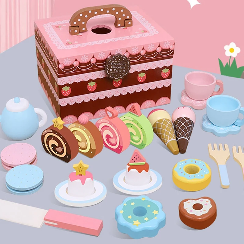 

Kids Wooden Cutting Cake Toys Set Kitchen Food Pretend Play Simulation Cake Roll Donut Ice Cream Toys Afternoon Tea Toys