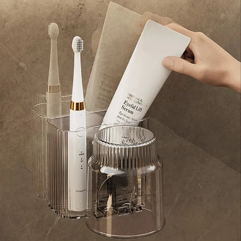 Luxury Self Adhesive Toothbrush Holder Moisture-proof Wall Mounted Cup Storage Rack Multifunctional Toothpaste Shelf Bathroom