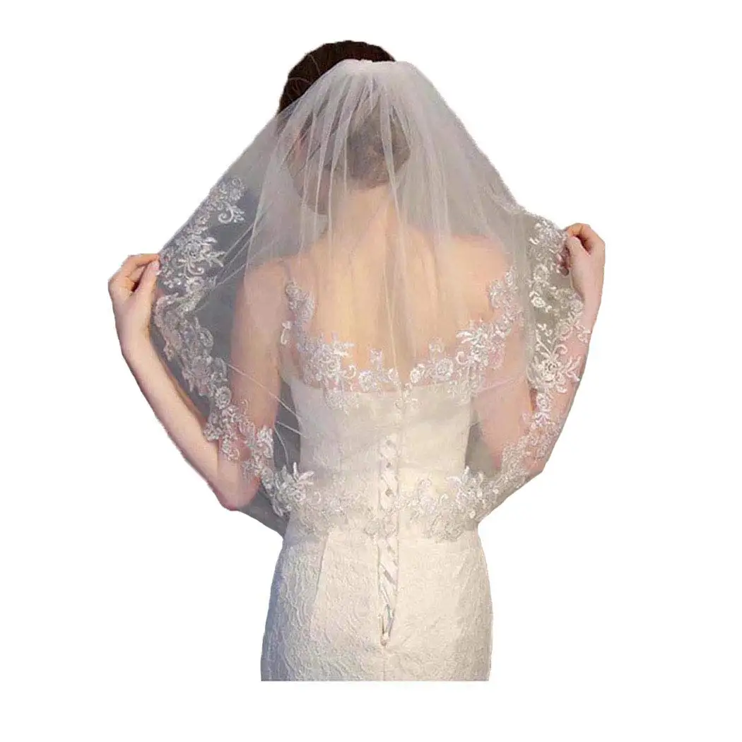 Flower Bride Wedding Veil Short Ivory Lace 2T Two-tier Shoulder Bridal Veils Soft Tulle Hair Accessories