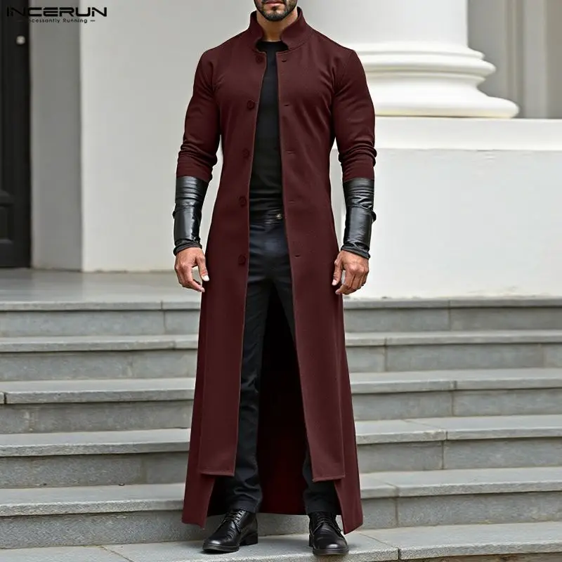 INCERUN Men Long Style Coats Patchwork Trench Stand Collar Long Sleeve Button Male Windbreaker Streetwear Fashion Casual Coat