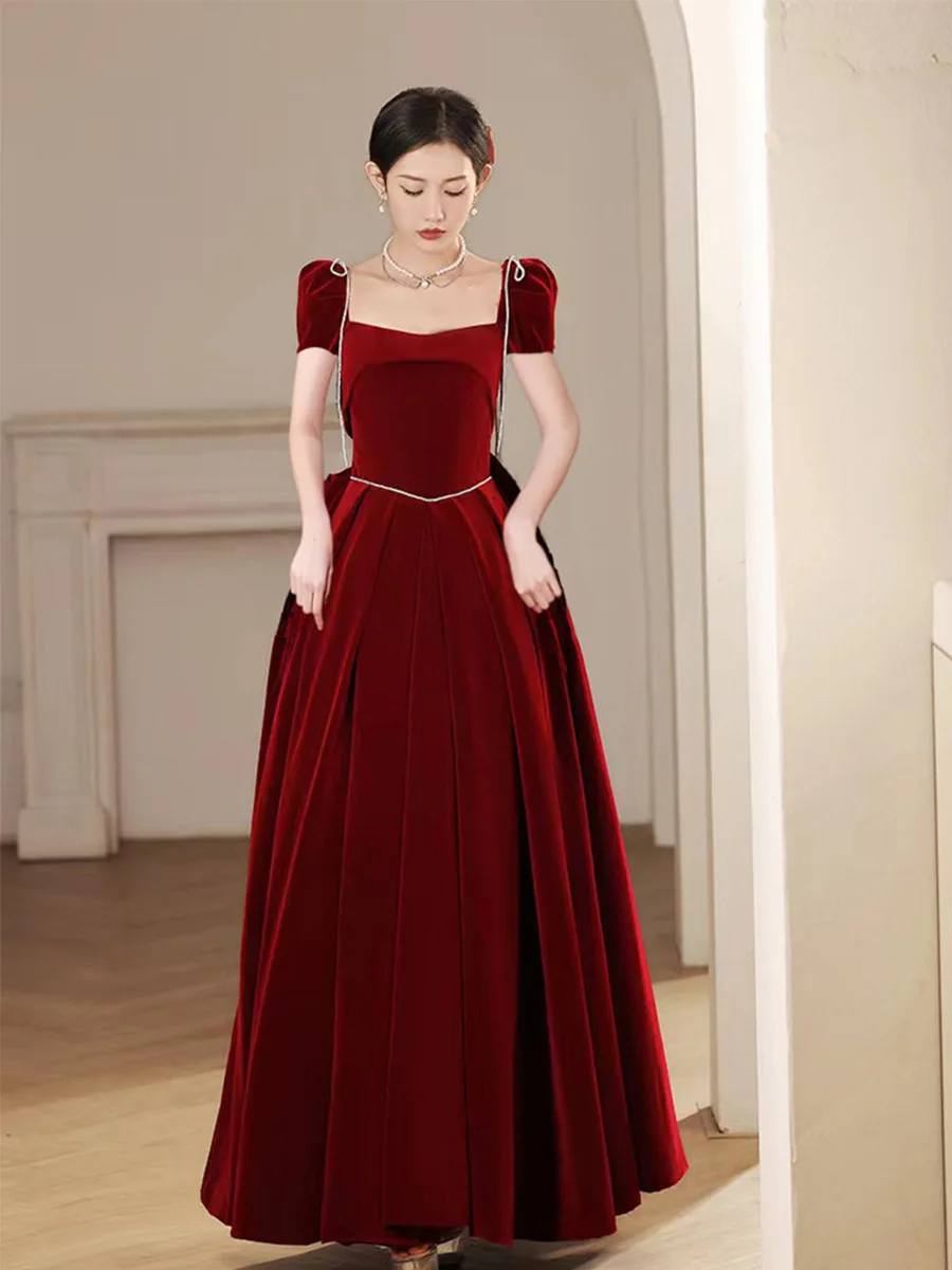 Autumn Winter Burgundy Velvet Bride Wedding Dress Qipao Retro Palace Style Evening Party Dress Pleated Dress Sexy Maxi Dress