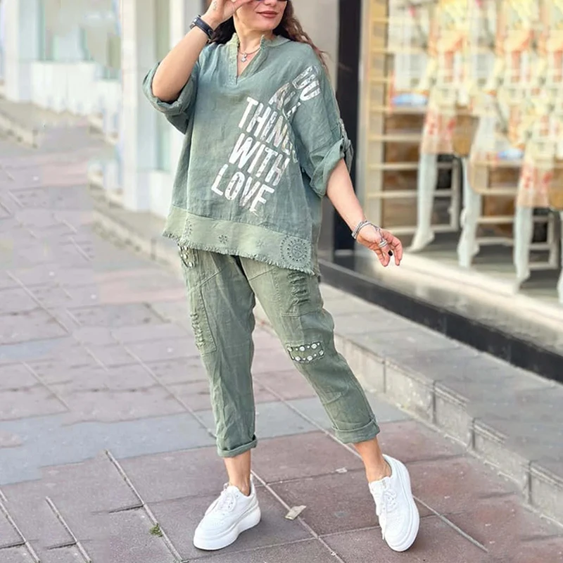 

Summer New Women Loose Suits Simple Casual V Neck Printed Short Sleeve Pullover Top and Solid Color Wide Leg Pant 2 Piece Set