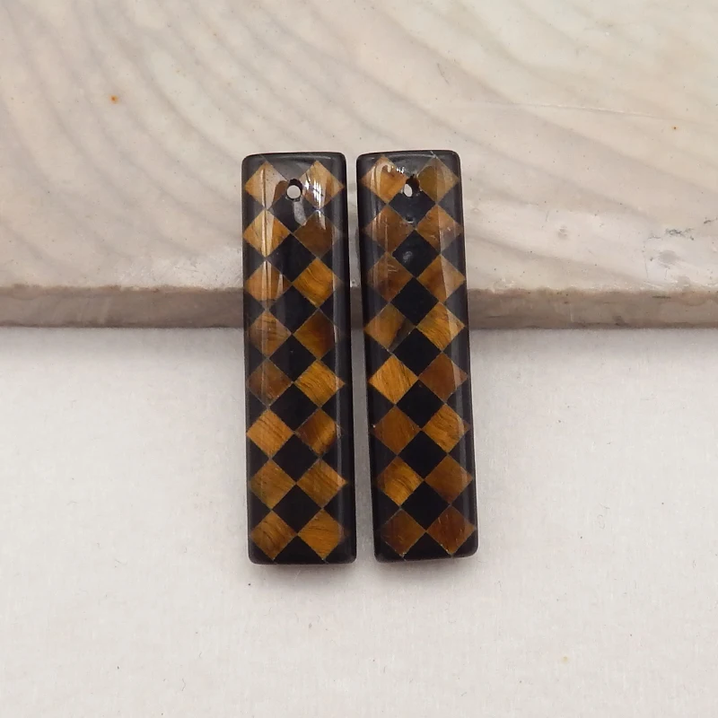 Natural Stone Tiger's Eye, Obsidian Intarsia Earring Bead 31x8x4mm 4.2g Semiprecious Fine Jewelry Accessories