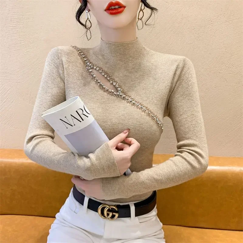 المرأة الكورية موضة مثير الجوف حجر الراين الأساسية محبوك سترة الإناث أنيقة نصف عالية طوق كم طويل سليم البلوز XQ80 #2