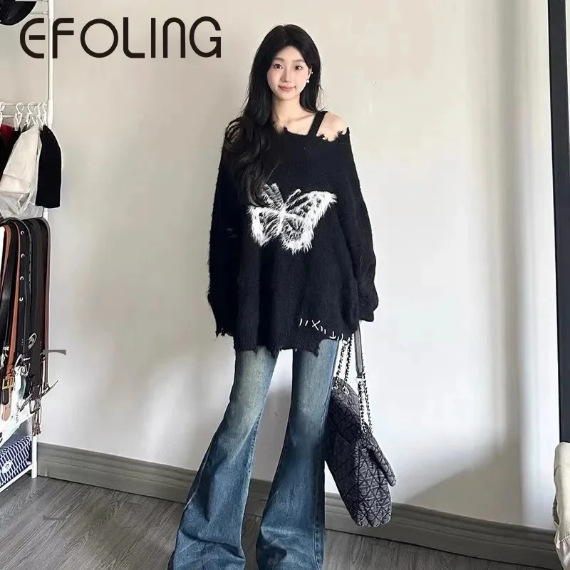 2023 New Fashionable Simple Retro Butterfly Sweater for Women's Autumn Winter Design Off Shoulder Small Loose Autumn Knitting