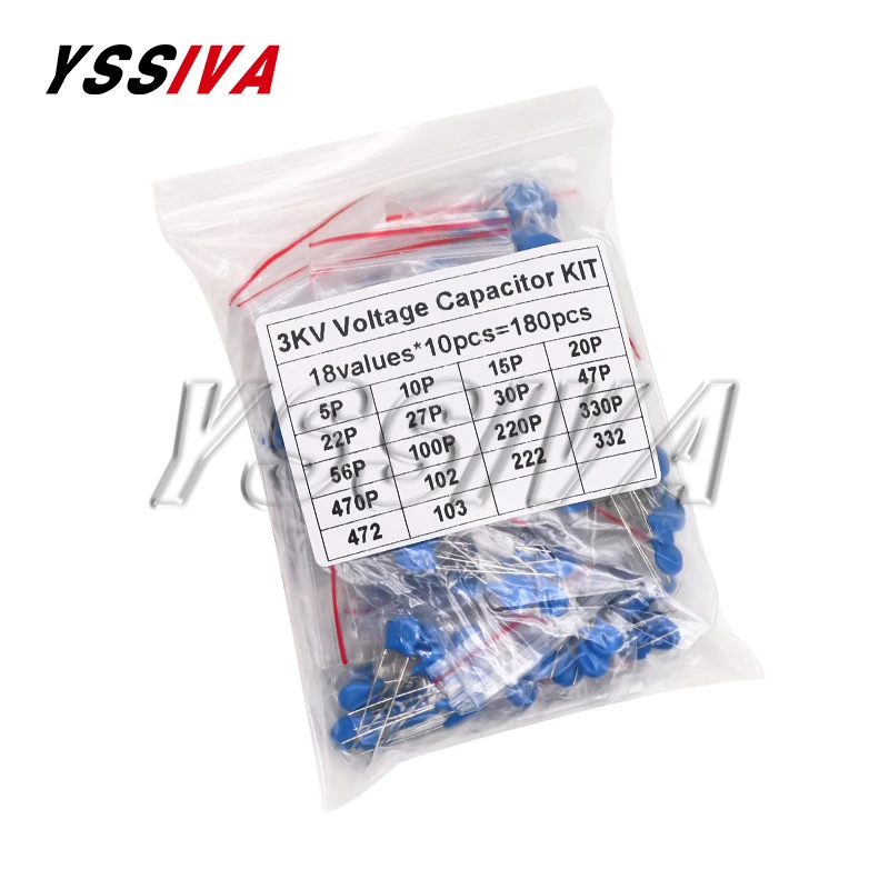 180pcs 3KV Ceramic capacitor Kit 18Values*10pcs 5PF 10PF 22PF 30PF 47PF 56PF 100PF 150PF 220PF 330PF 470PF 102 222 332 472 103