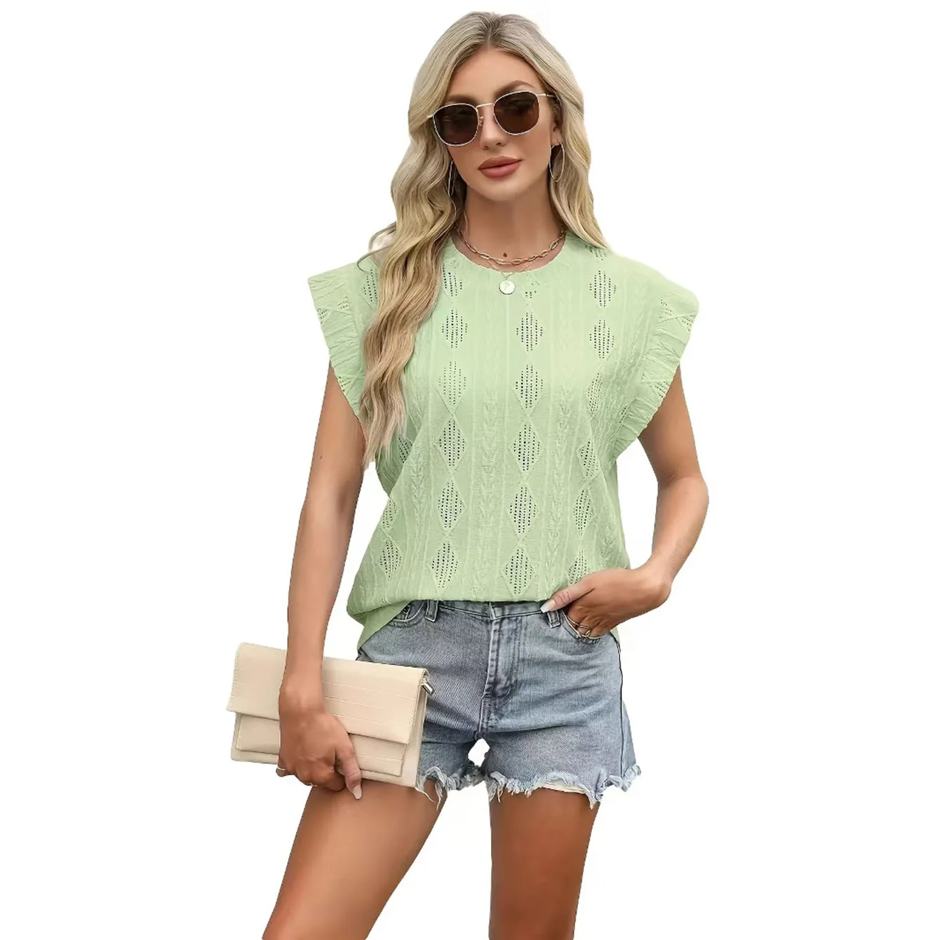 European and American summer new round neck loose short sleeved T-shirt jacquard top vest for women