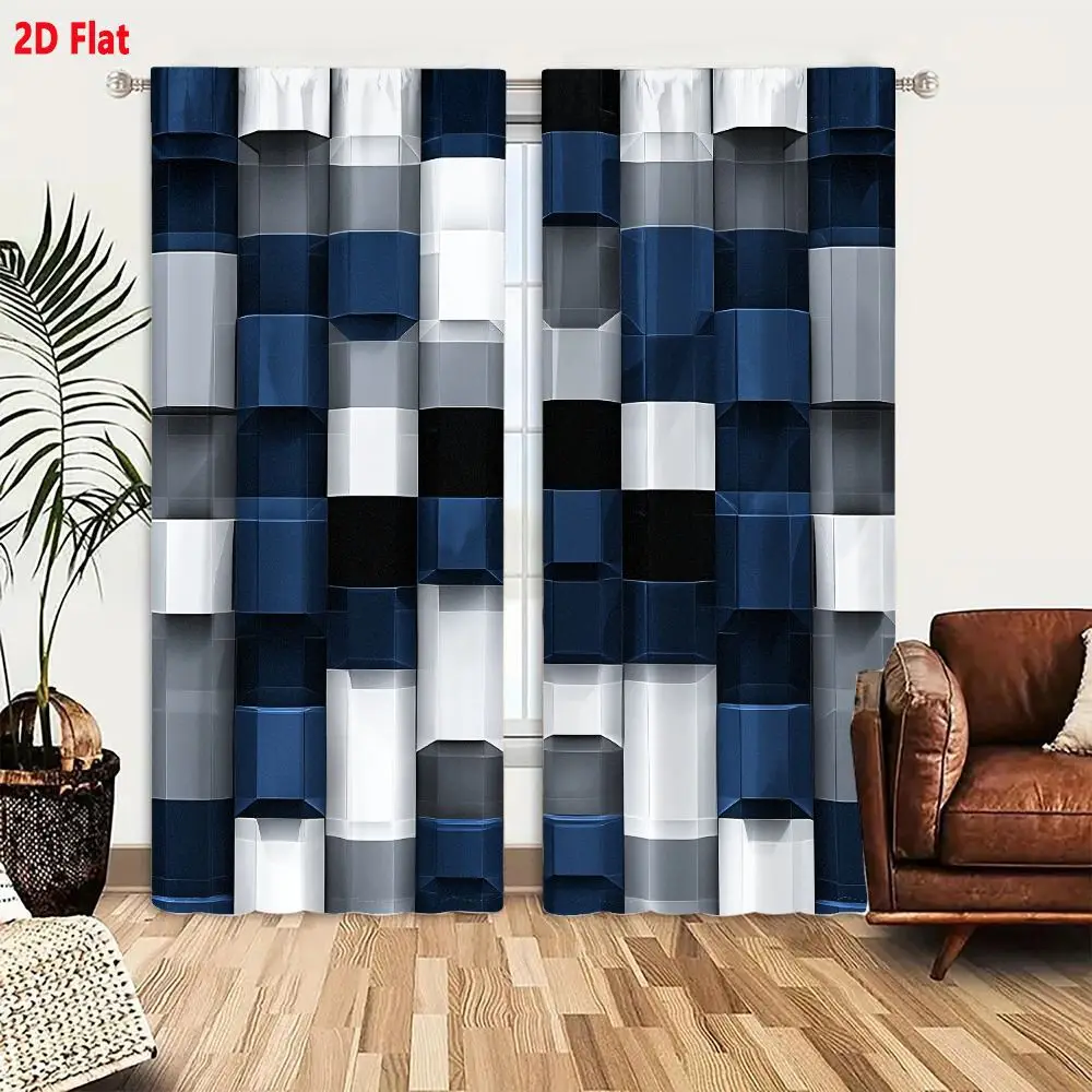 2Pcs Curtains 2D Flat Abstract Geometric Pattern With Vertical Columns And Monochromatic Blue Tones Window Drapes for Bedroom Ro