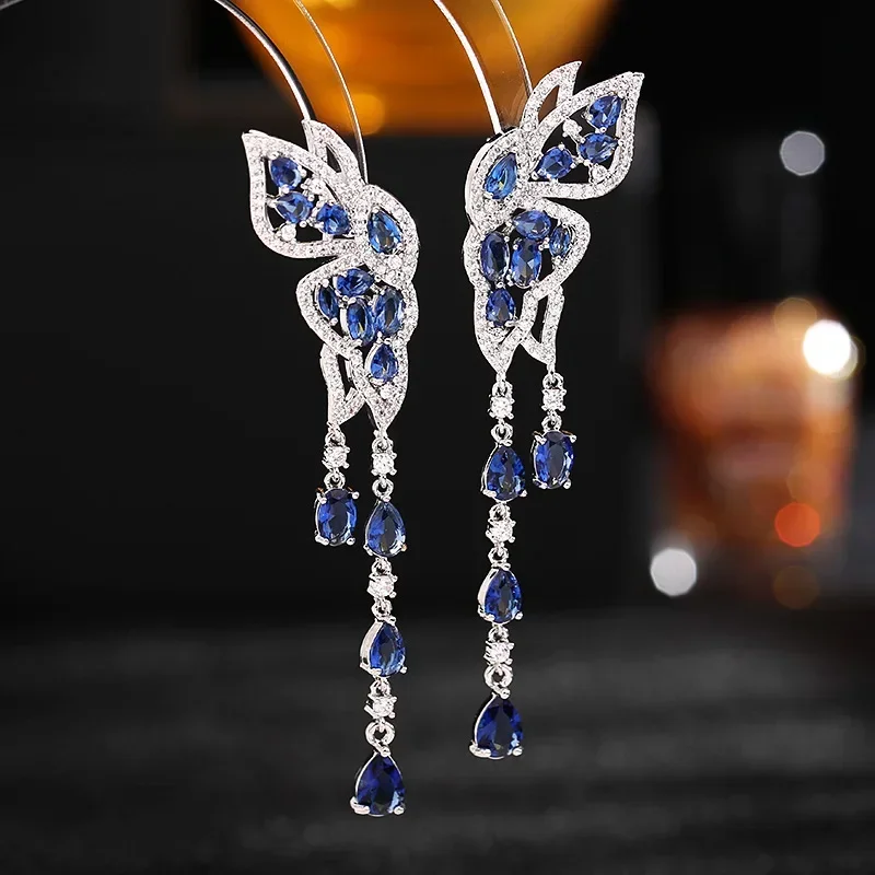 

CHKAWOCIs925 Silver Needle Multicolored Zircon inset Valentine's Day earrings Double Flying Butterfly Drops tassel earrings
