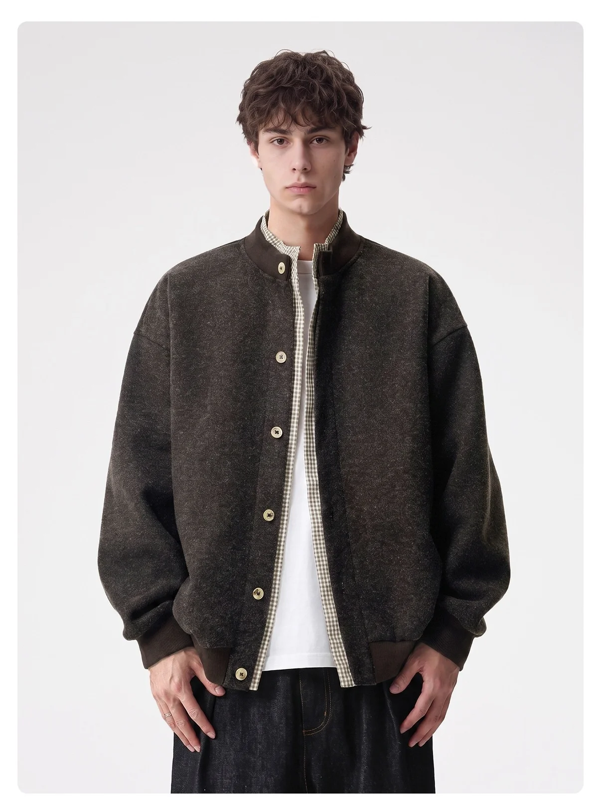 Retro Patchwork Checkered Faux Two-Piece Cardigan Sweatshirt Men Heavyweight Wool Coat, Durable, Minimalist Versatile
