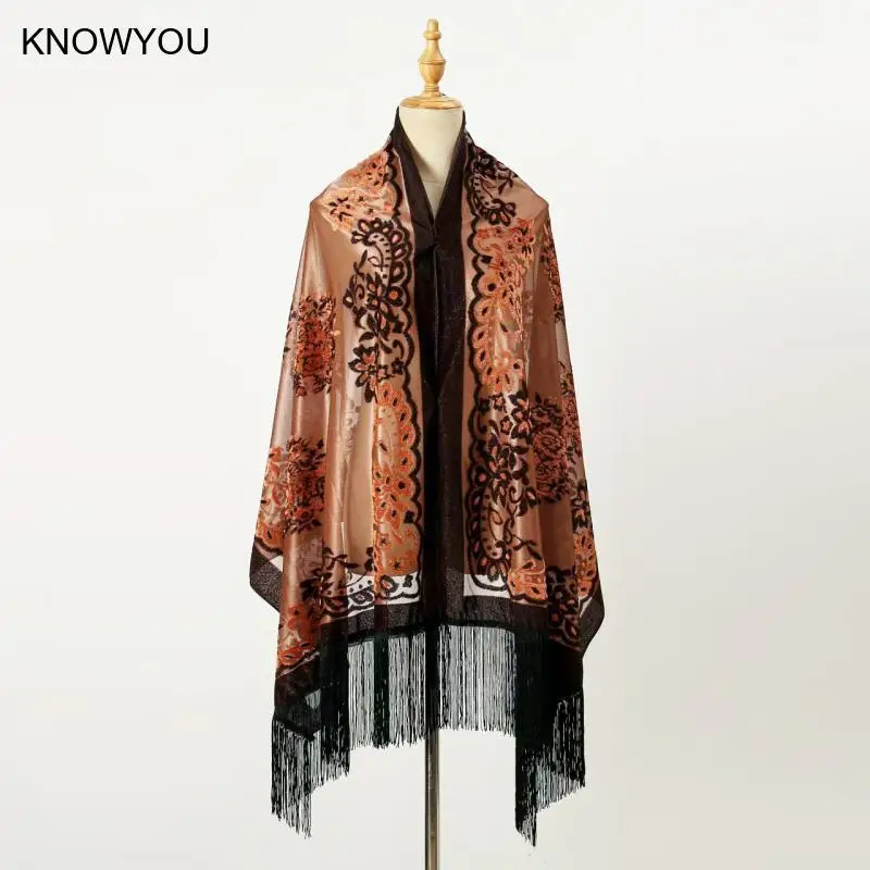 190*70Cm chales de lujo de terciopelo Jacquard Pashmina señora elegante chal de fiesta de noche capa larga con borlas mujeres Qipao Echarpes