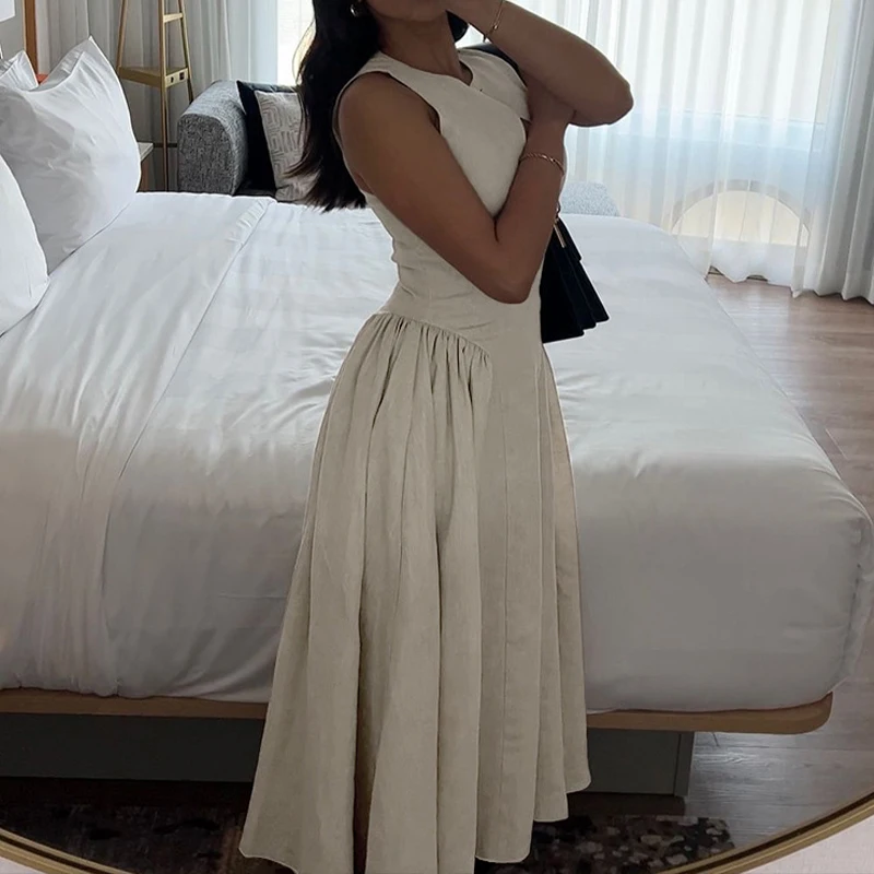 BKLD OL Out Going Abito elegante a trapezio femminile Solido con taglio frontale Abiti midi con cerniera pieghettata a vita alta senza maniche con un bottone