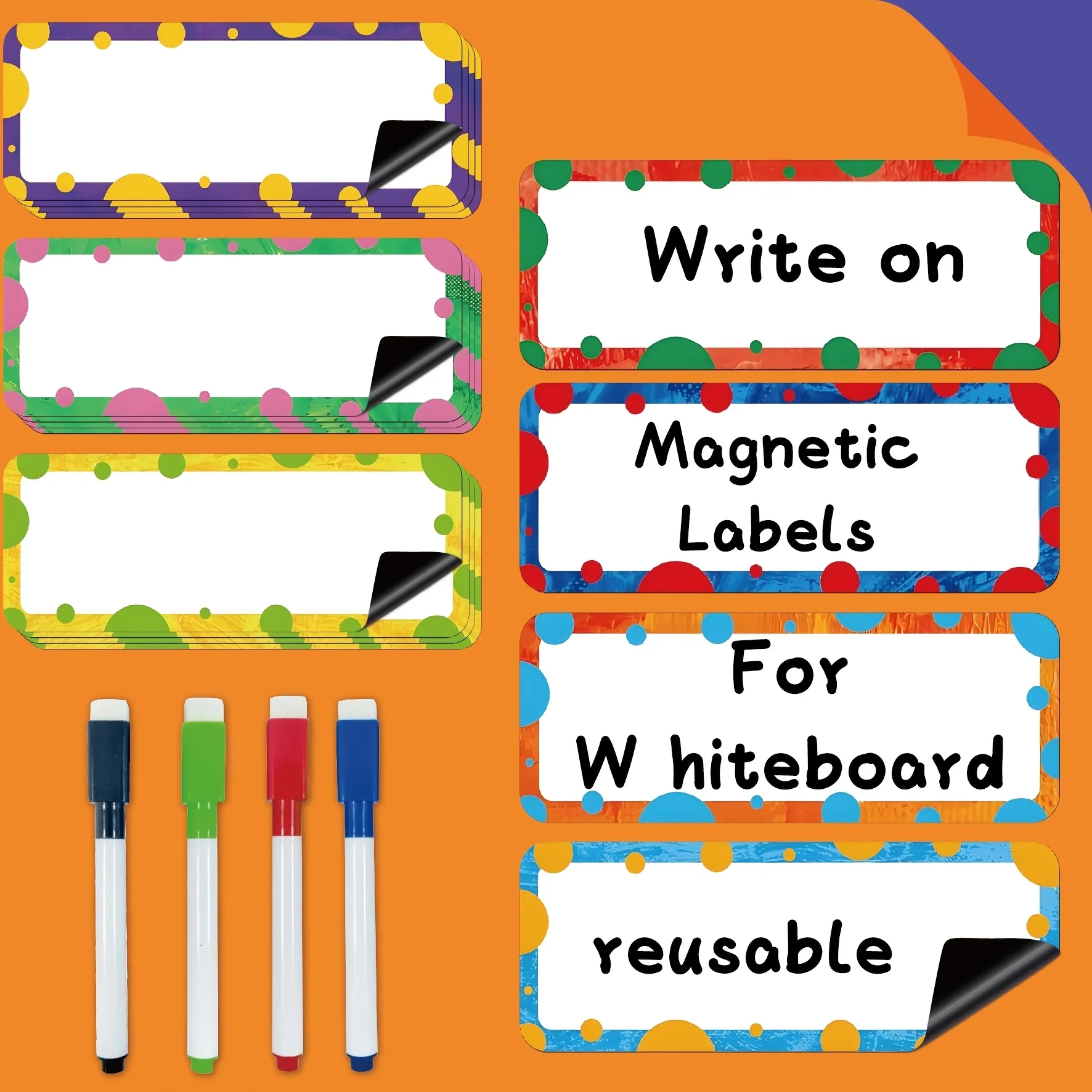 

54 Magnetic Tags with 4 Pens, Waterproof Strips, Suitable for Refrigerator, Home Office, Garage Refrigerator, Writing Cards