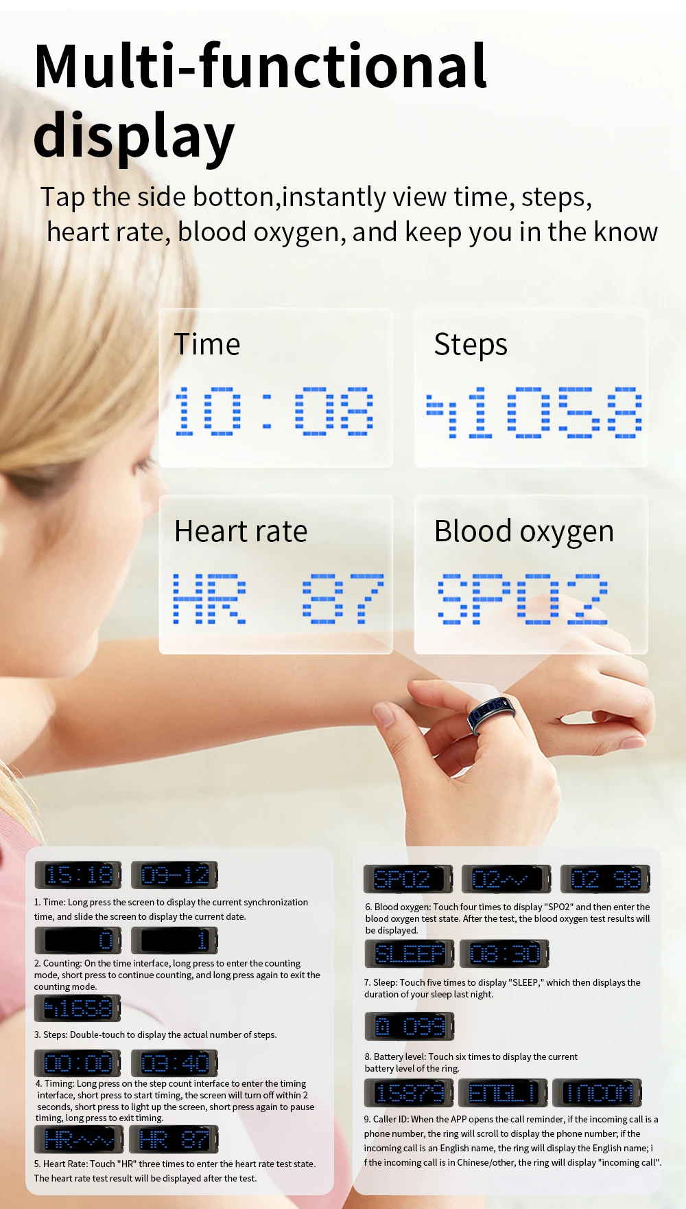 Domars Smart Ring Men Women LED Dynamic Display Screen Heart Rate Blood Oxygen Monitoring 5ATM Waterproof Multi Sports Modes