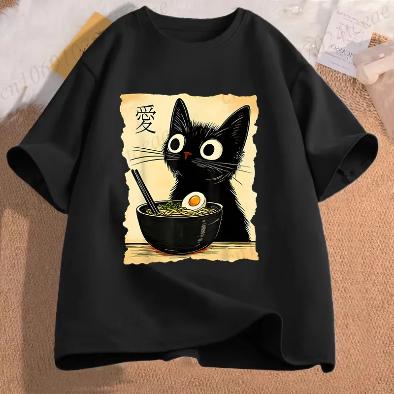 Camiseta divertida con estampado de gatos y ramen, camiseta con diseño de gatos lindos de anime japonés, camiseta informal moderna, adecuada tanto para hombres como para mujeres