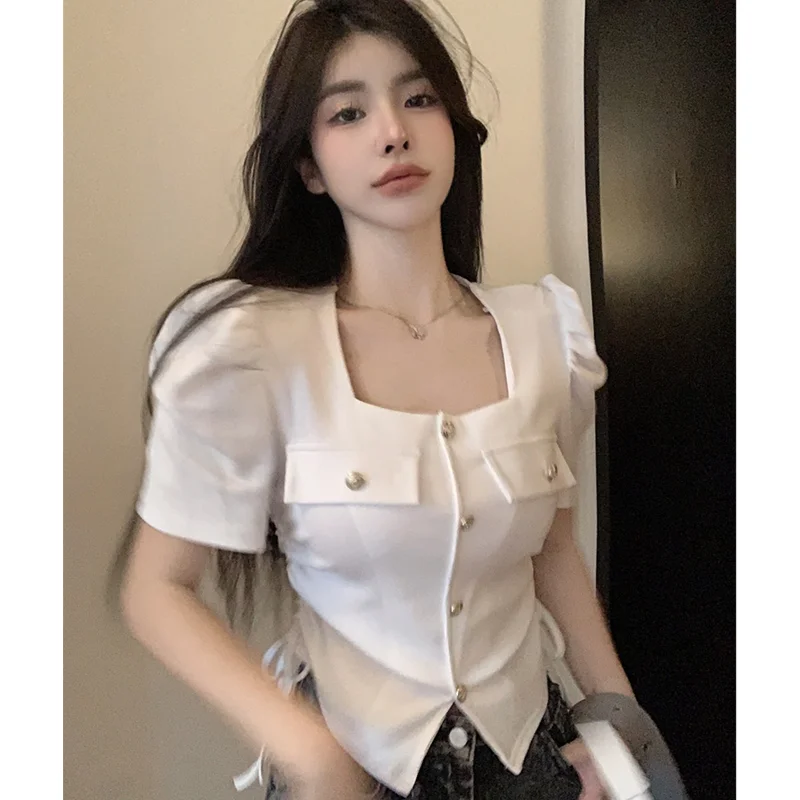 

Women's Clothing T-Shirt French Bubble Sleeve Gold Button Draw Cord Square Neck Top Design Simple White Slim Fit Temperament Top