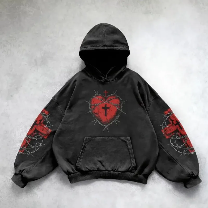 سترة بغطاء للرأس للخريف والشتاء، على الطراز الأوروبي والأمريكي، سترة بغطاء للرأس مطبوعة جديدة، طراز قوطي فاسق عتيق عتيق #4