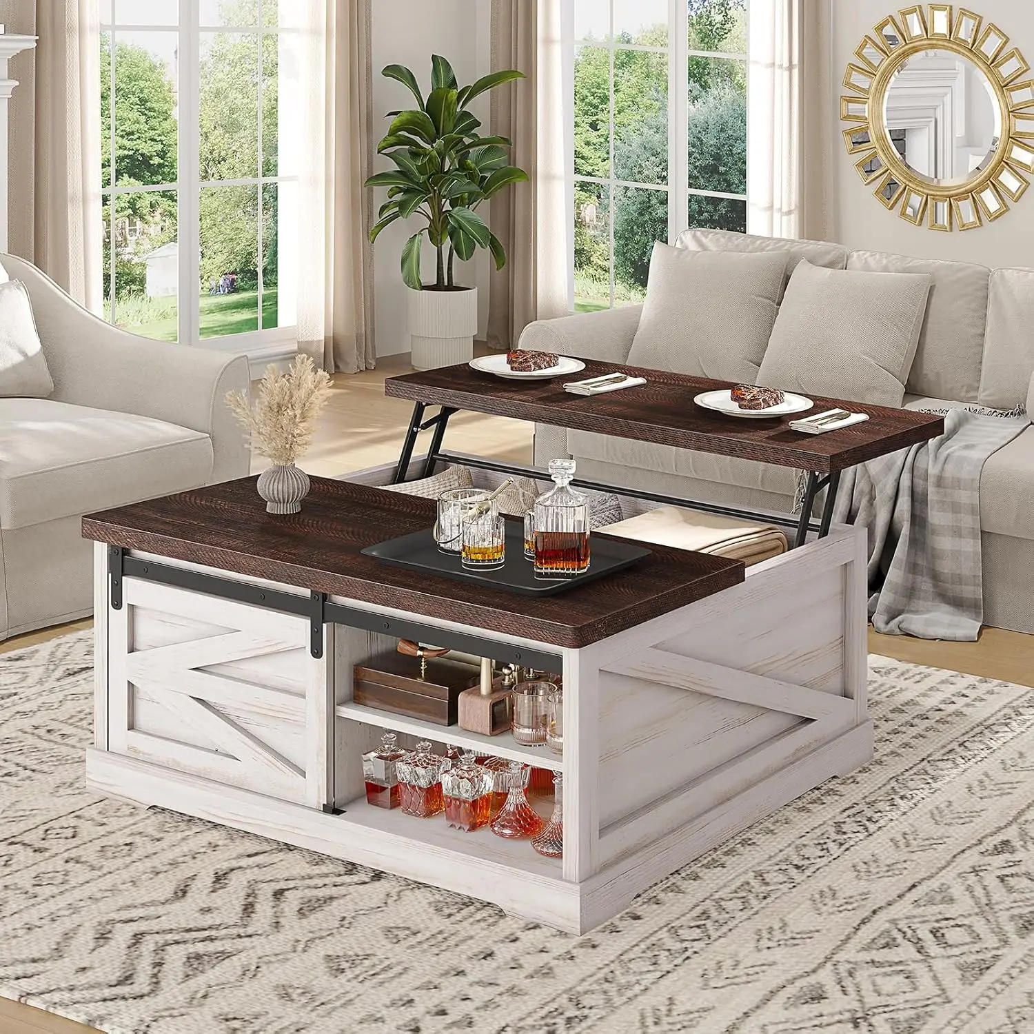 39.4'' Lift Top Coffee Table with Storage, Farmhouse Coffee Tables for Living Room, Square Coffee Table with Large Hidden Compar