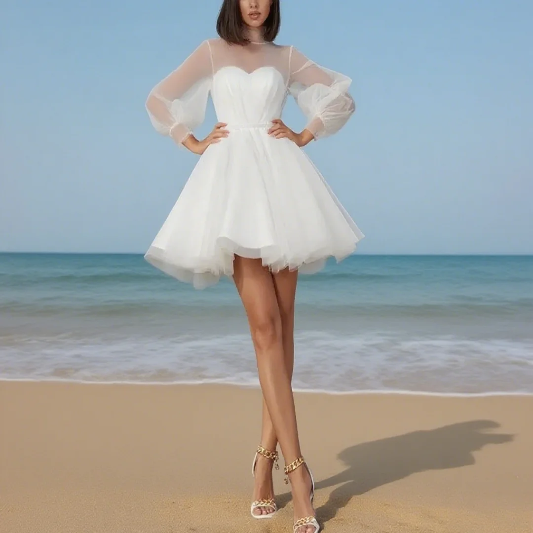 

Customized elegant short chiffon civilian wedding dress; A-shaped bride's formal evening gown