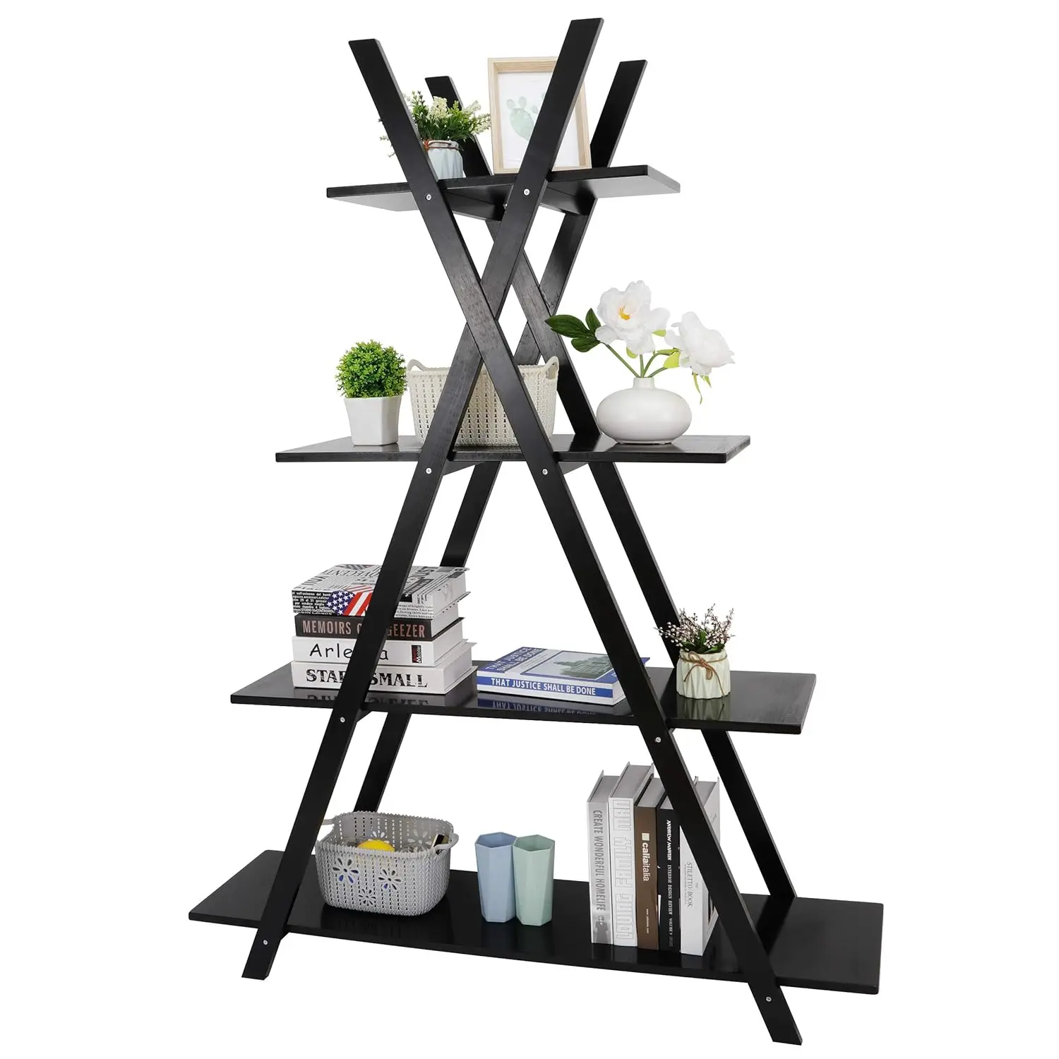 

4 Tier Ladder Shelf Wooden Bookcase Display Storage Organizer Rack Home Office A Frame Plant Photo Books, Customized