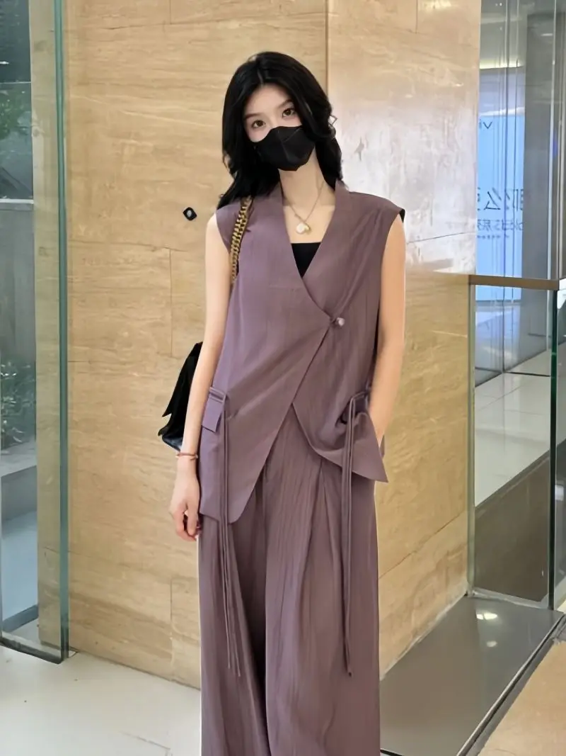 Summer Fashion Women's V-neck Sleeveless Suit Top High Waist Wide Leg Pants Two-piece Set Elegant Quality Polyester Fiber