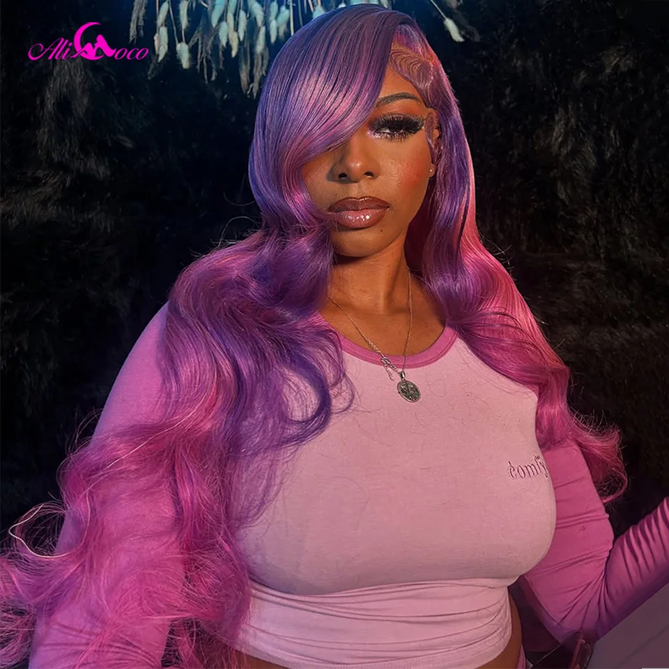 

Ombre Pink and Purple Body Wave 13x6 13x4 Lace Front Human Hair Wigs for Women 180 Density Remy Human Hair Wig Colored 613 Wigs